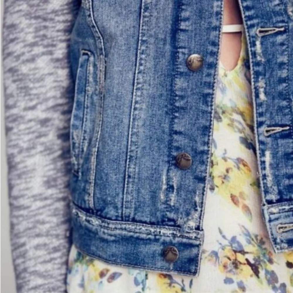 FREE PEOPLE Grey KNIT HOODED Blue Jean DENIM JACKET Women's XS 100% Cotton EUC